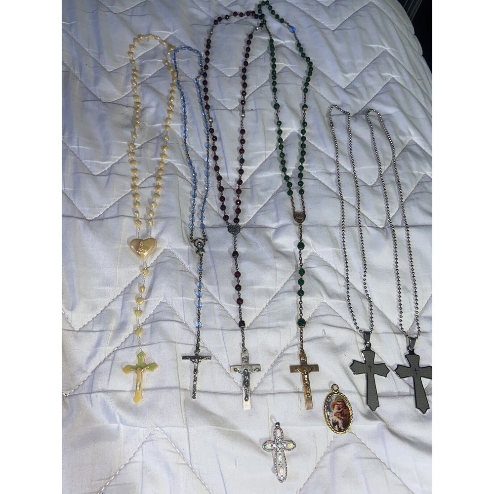 Cross Rosary / Cross Pendant 925 Sterling Silver, Created Opal & Cubic Zirconia